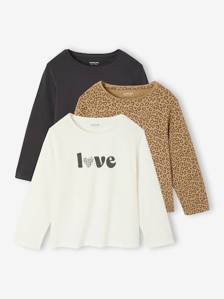 Pack of 3 long-sleeved girls' fancy t-shirts anthracite+coral+ecru+grey blue+indigo+mauve+rose 