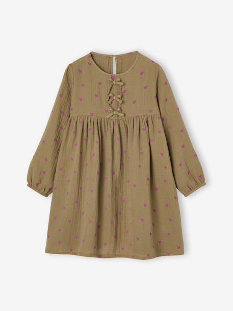 Cotton Gauze Dress with Fancy Bows for Girls ecru+olive 