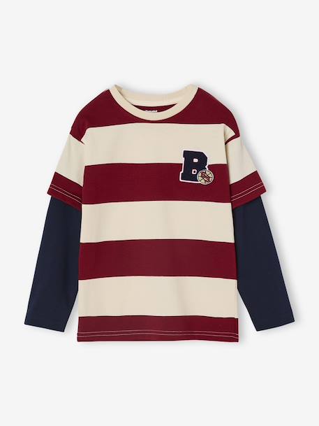 Striped T-Shirt with a Double-Sleeve Effect medium blue+striped green+striped red 