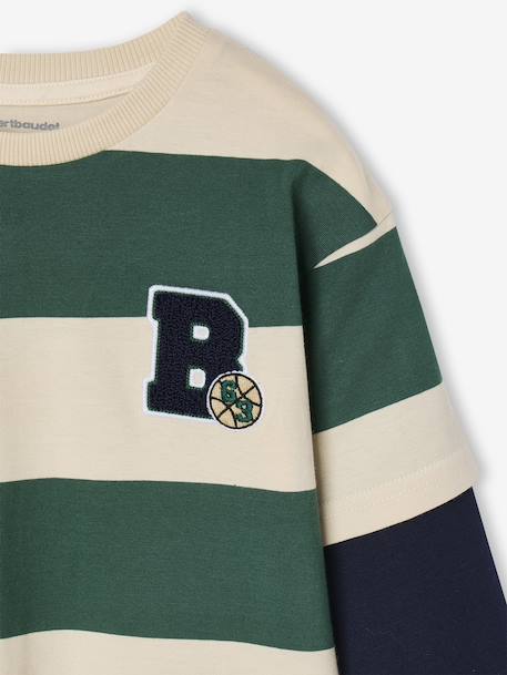 Striped T-Shirt with a Double-Sleeve Effect medium blue+striped green+striped red 