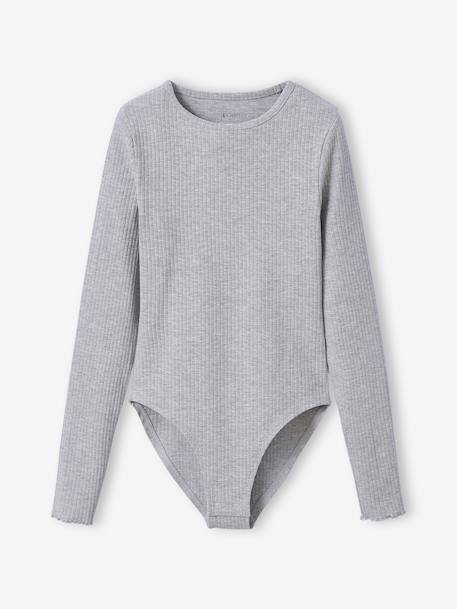 Long-Sleeved Ribbed Knit Bodysuit for Girls, JONEN marl grey 