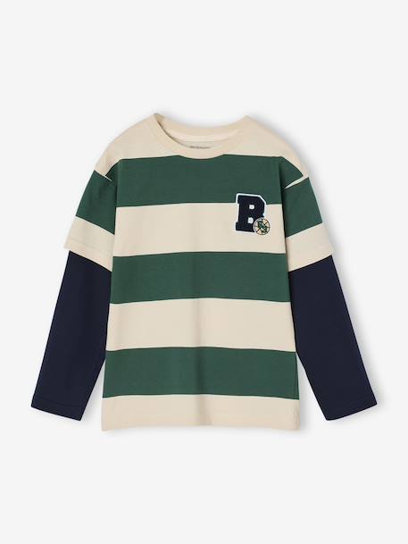 Striped T-Shirt with a Double-Sleeve Effect medium blue+striped green+striped red 