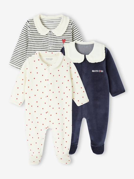 Pack of 3 Velour 'Hearts' Sleepsuits for Newborns night blue 