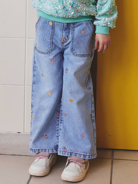 Embroidered Wide Leg Jeans with Fancy Motifs for Girls light blue 