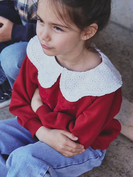 Girl's sweatshirt with English embroidery collar and flocked velvet message ecru+marl grey+mauve+pale pink+red 