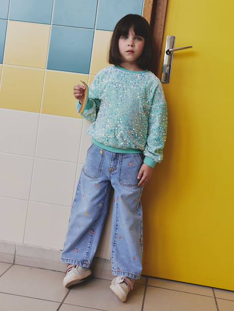 Embroidered Wide Leg Jeans with Fancy Motifs for Girls light blue 