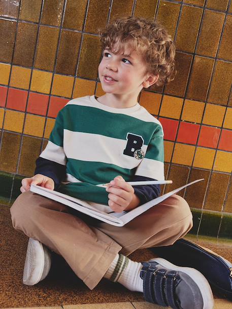 Striped T-Shirt with a Double-Sleeve Effect medium blue+striped green+striped red 
