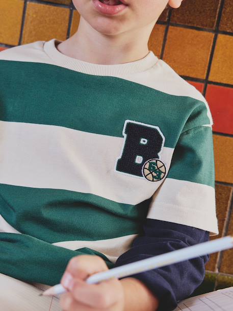 Striped T-Shirt with a Double-Sleeve Effect medium blue+striped green+striped red 