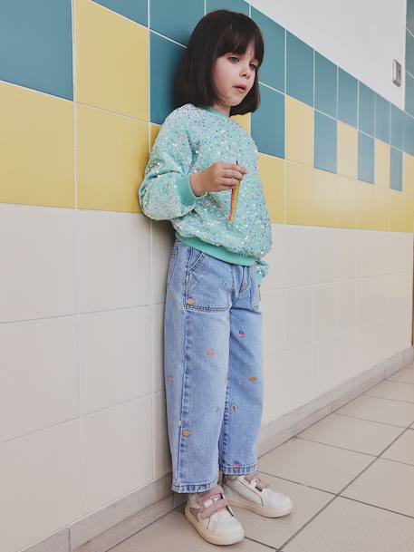 Embroidered Wide Leg Jeans with Fancy Motifs for Girls light blue 