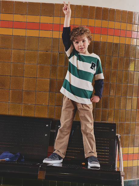 Striped T-Shirt with a Double-Sleeve Effect medium blue+striped green+striped red 