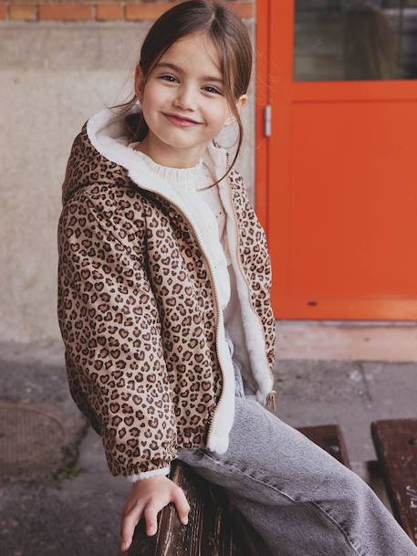 Reversible Leopard/Sherpa Windcheater with Hood for Girls beige+vanilla 