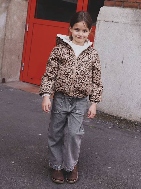 Reversible Leopard/Sherpa Windcheater with Hood for Girls beige+vanilla 