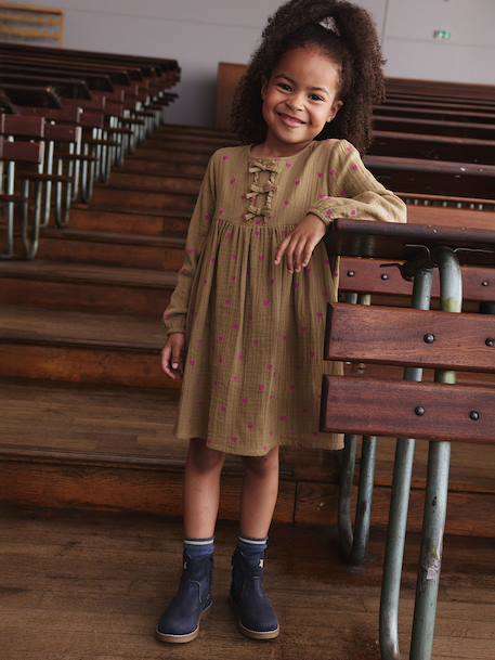 Cotton Gauze Dress with Fancy Bows for Girls ecru+olive 