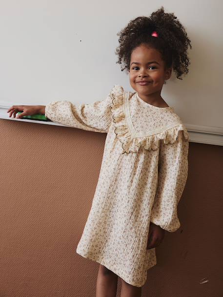 Floral Dress in Cotton Gauze for Girls ecru 