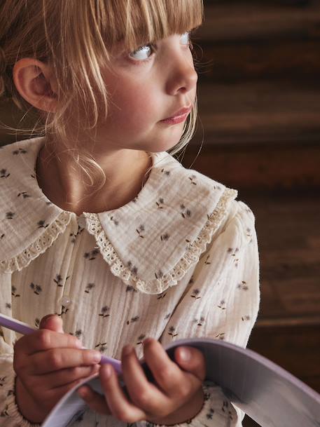 Shirt in Cotton Gauze with Broderie Anglaise Collar, for Girls ecru+plum 
