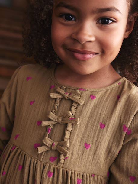 Cotton Gauze Dress with Fancy Bows for Girls ecru+olive 
