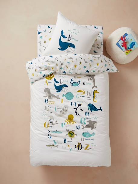 Duvet Cover + Pillowcase Set for Children, Marine Animal Alphabet Theme White 