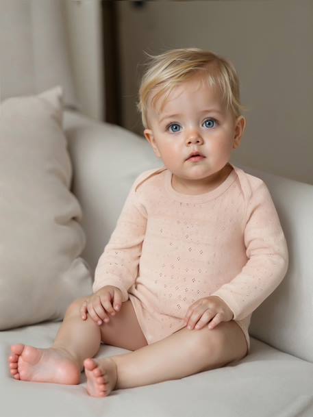 Pack of 2 long-sleeved baby bodysuits in pointelle knit pale pink 