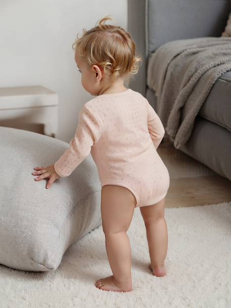Pack of 2 long-sleeved baby bodysuits in pointelle knit pale pink 