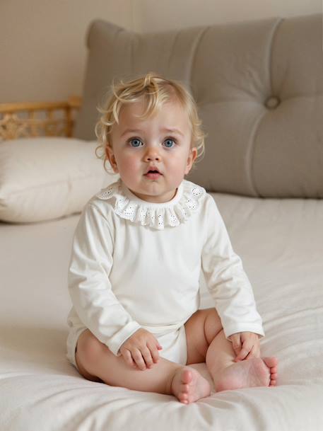 Long-sleeved baby bodysuit with English embroidery collar ecru 