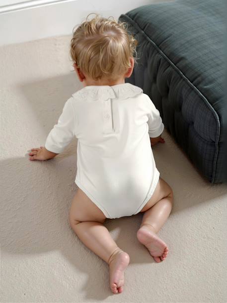 Long-sleeved baby bodysuit with English embroidery collar ecru 