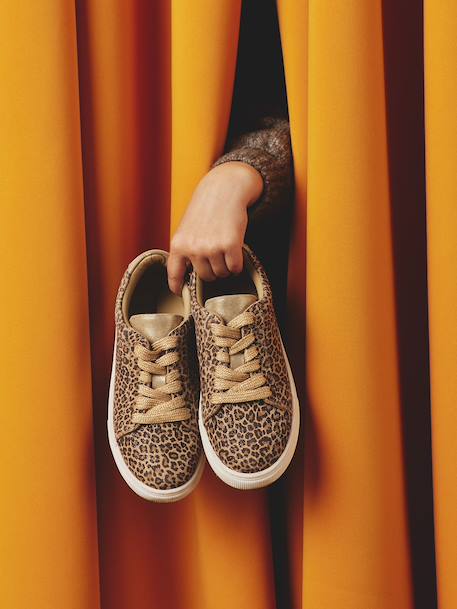 Leather Lace-Up Trainers for Children gold+printed beige 