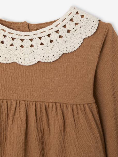 T-shirt for babies in crinkled jersey with crochet collar caramel 