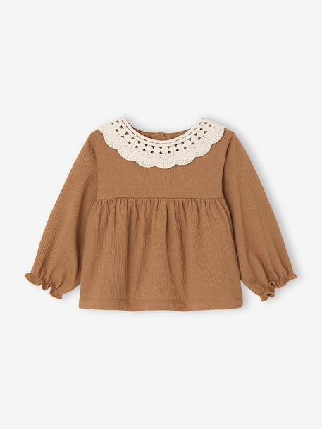 T-shirt for babies in crinkled jersey with crochet collar caramel 