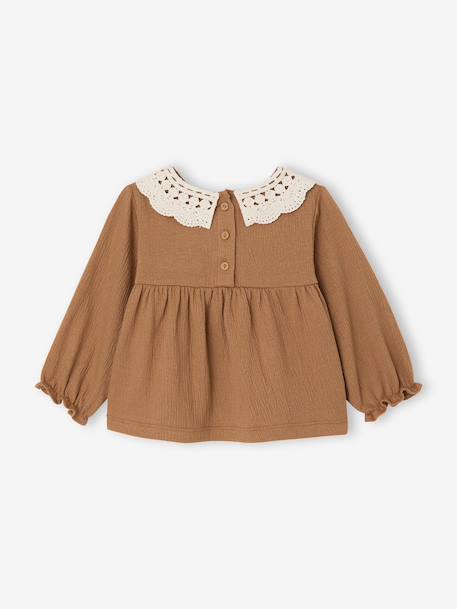 T-shirt for babies in crinkled jersey with crochet collar caramel 