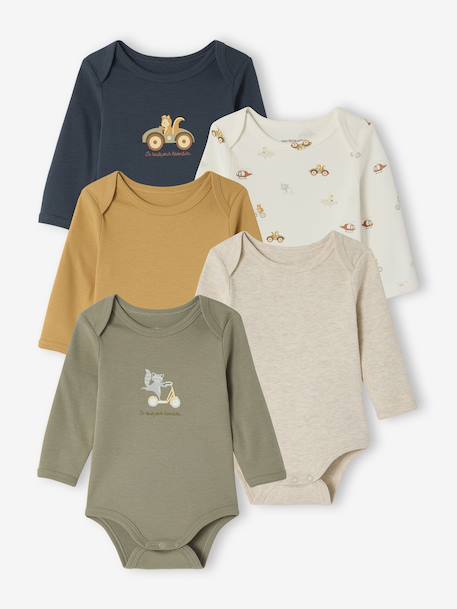 Pack of 5 Bodysuits with Cut-Away Shoulders for Newborns khaki 