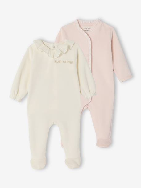 Pack of 2 Sleepsuits in Velour for Newborn Girls, ENVIE DE FRAISE ecru 