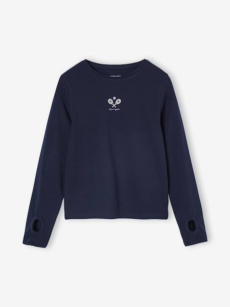 Long-Sleeved Tennis Motif Sports T-Shirt for Girls navy blue 
