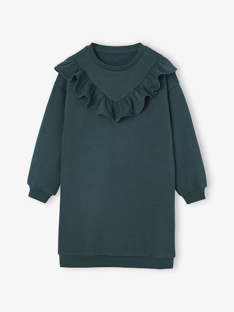 Fleece Dress with Frill for Girls ecru+emerald green+vanilla 
