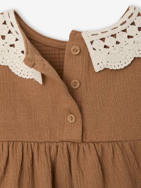 T-shirt for babies in crinkled jersey with crochet collar caramel 