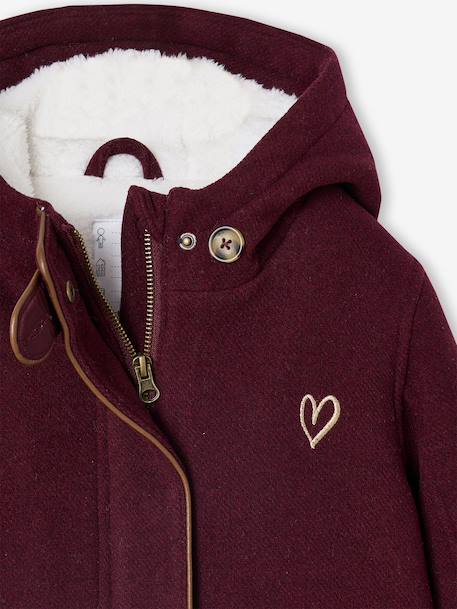 Woollen Coat with Hood & Sherpa Lining for Girls BEIGE MEDIUM SOLID WITH DECOR+bordeaux red+GREEN DARK SOLID WITH DESIGN 