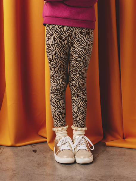 Leggings Lined in Polar Fleece for Girls BROWN LIGHT ALL OVER PRINTED+chocolate+dusky pink+printed grey 