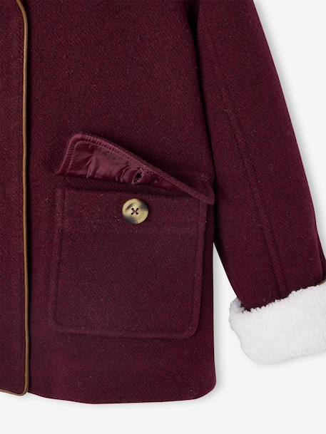 Woollen Coat with Hood & Sherpa Lining for Girls BEIGE MEDIUM SOLID WITH DECOR+bordeaux red+GREEN DARK SOLID WITH DESIGN 