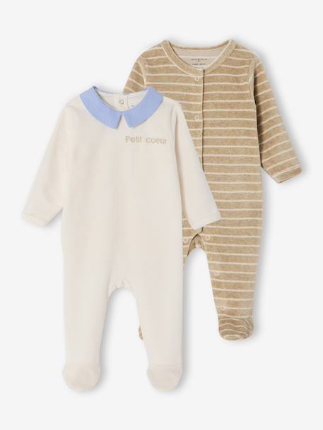 Pack of 2 Velour Sleepsuits for Newborns, ENVIE DE FRAISE ecru 