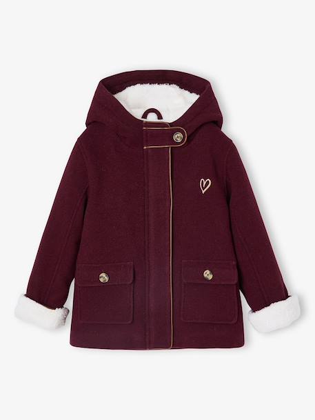 Woollen Coat with Hood & Sherpa Lining for Girls BEIGE MEDIUM SOLID WITH DECOR+bordeaux red+GREEN DARK SOLID WITH DESIGN 