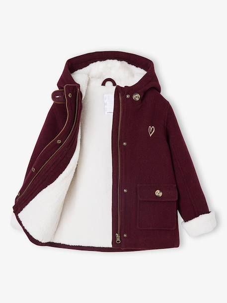 Woollen Coat with Hood & Sherpa Lining for Girls BEIGE MEDIUM SOLID WITH DECOR+bordeaux red+GREEN DARK SOLID WITH DESIGN 