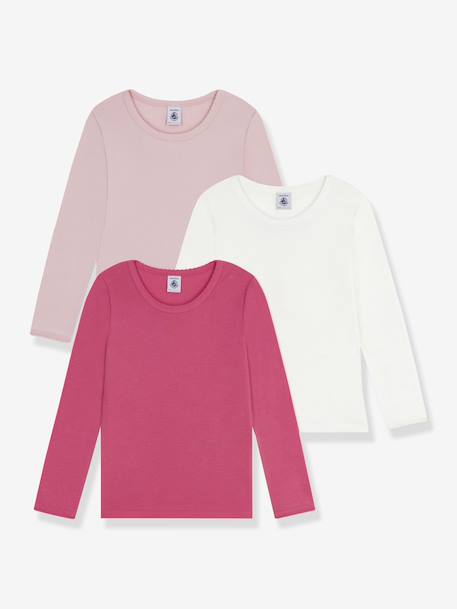 Pack of 3 PETIT BATEAU long-sleeved cotton T-shirts for girls rose 