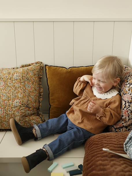 T-shirt for babies in crinkled jersey with crochet collar caramel 