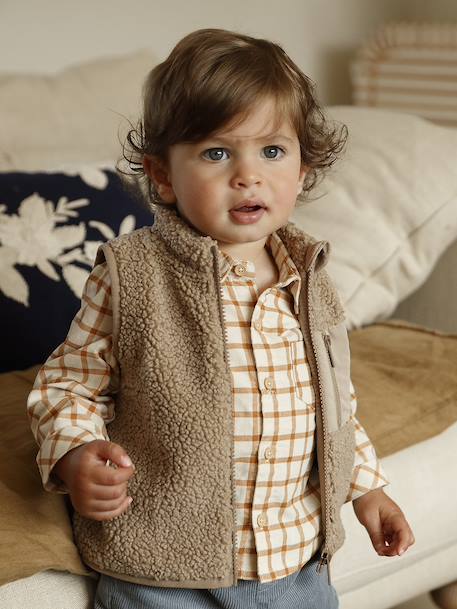 Sherpa sleeveless cardigan for babies ecru+taupe 