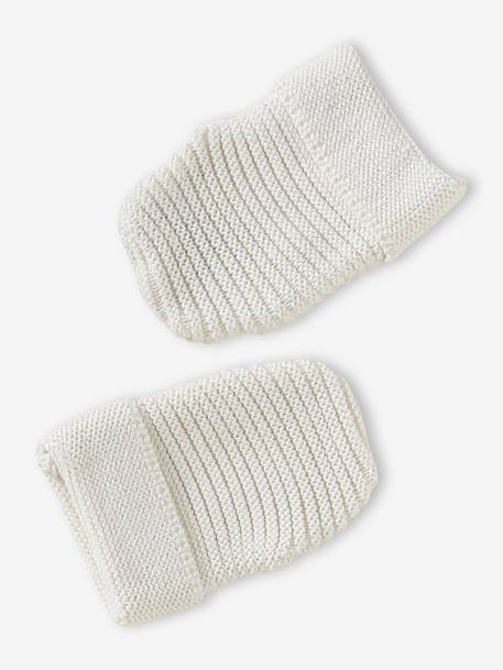 Set of beanie, mittens and slippers in organic cotton and its customisable pouch ecru+marl beige+rose 