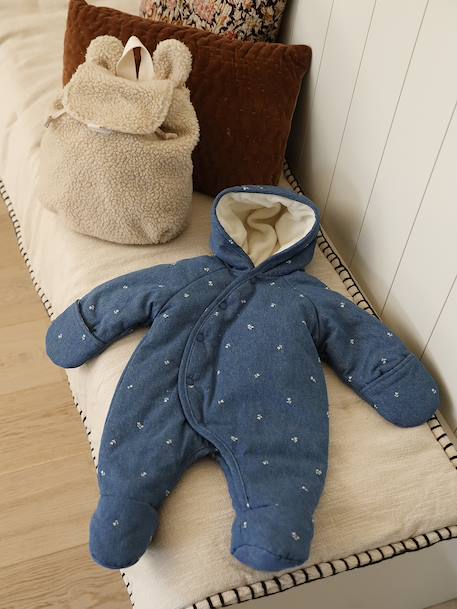 Denim Pramsuit with All-Over Print, for Newborns stone 