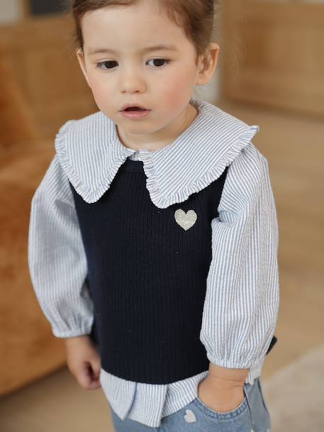 Sleeveless jumper for babies ecru+navy blue+rosy 