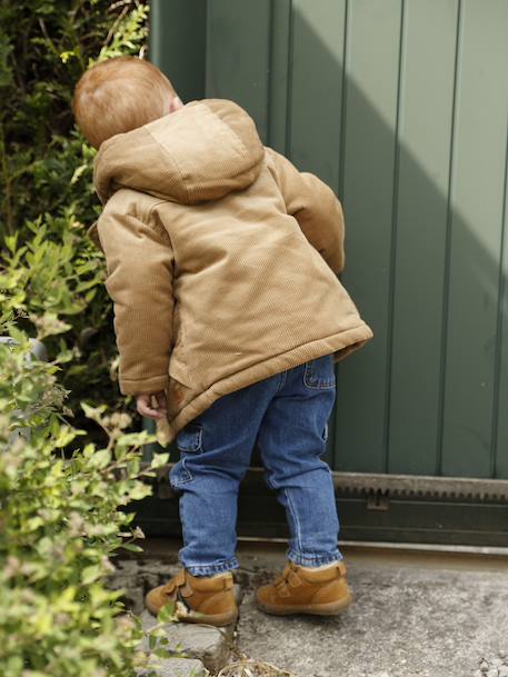 Corduroy coat for babies with faux fur lining caramel 