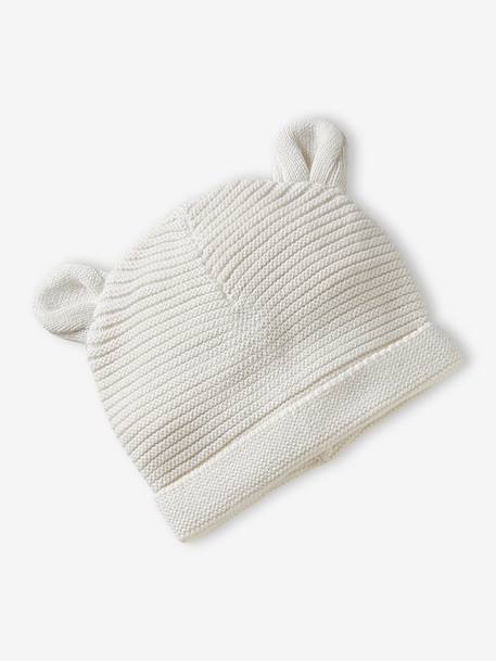 Set of beanie, mittens and slippers in organic cotton and its customisable pouch ecru+marl beige+rose 