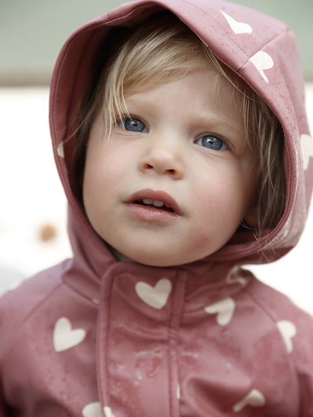 Fleece-lined baby's hooded printed rainsuit old rose+vanilla 