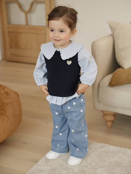 Sleeveless jumper for babies ecru+navy blue+rosy 